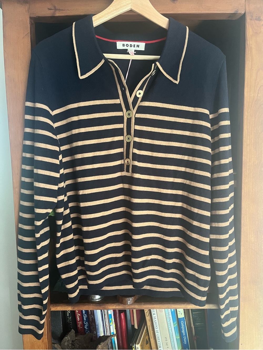 Boden NWT Liz Henley Navy and Tan Striped V‑Neck Polo Cotton Wool Blend Sweater - Picture 3 of 15